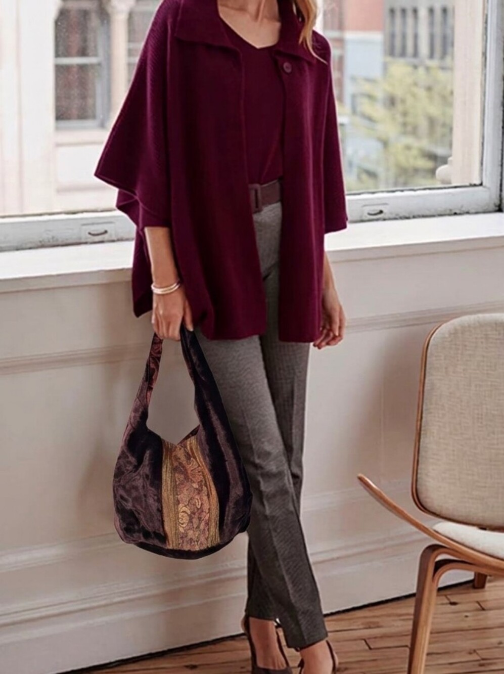 J. Jill Plum Velvet Shoulder Bag with Gold-Toned Embroidered Colorblock Indi